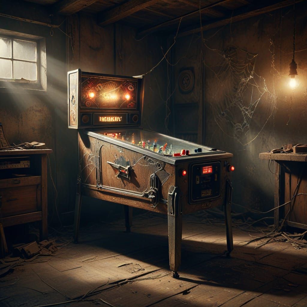 A pinball machine in a dusty cellar with cobwebs. Flickr maximalist photorealism cinematic