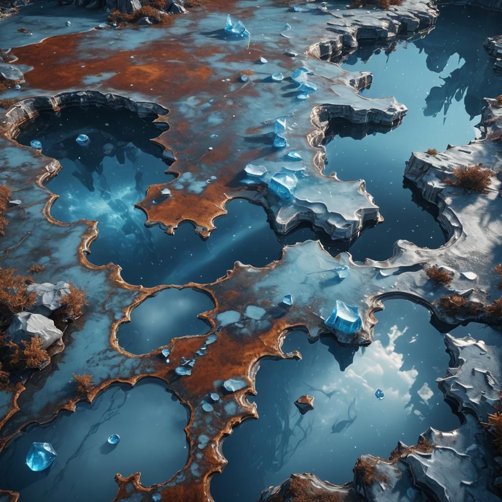 Reflection in pool of mercury and blue ice