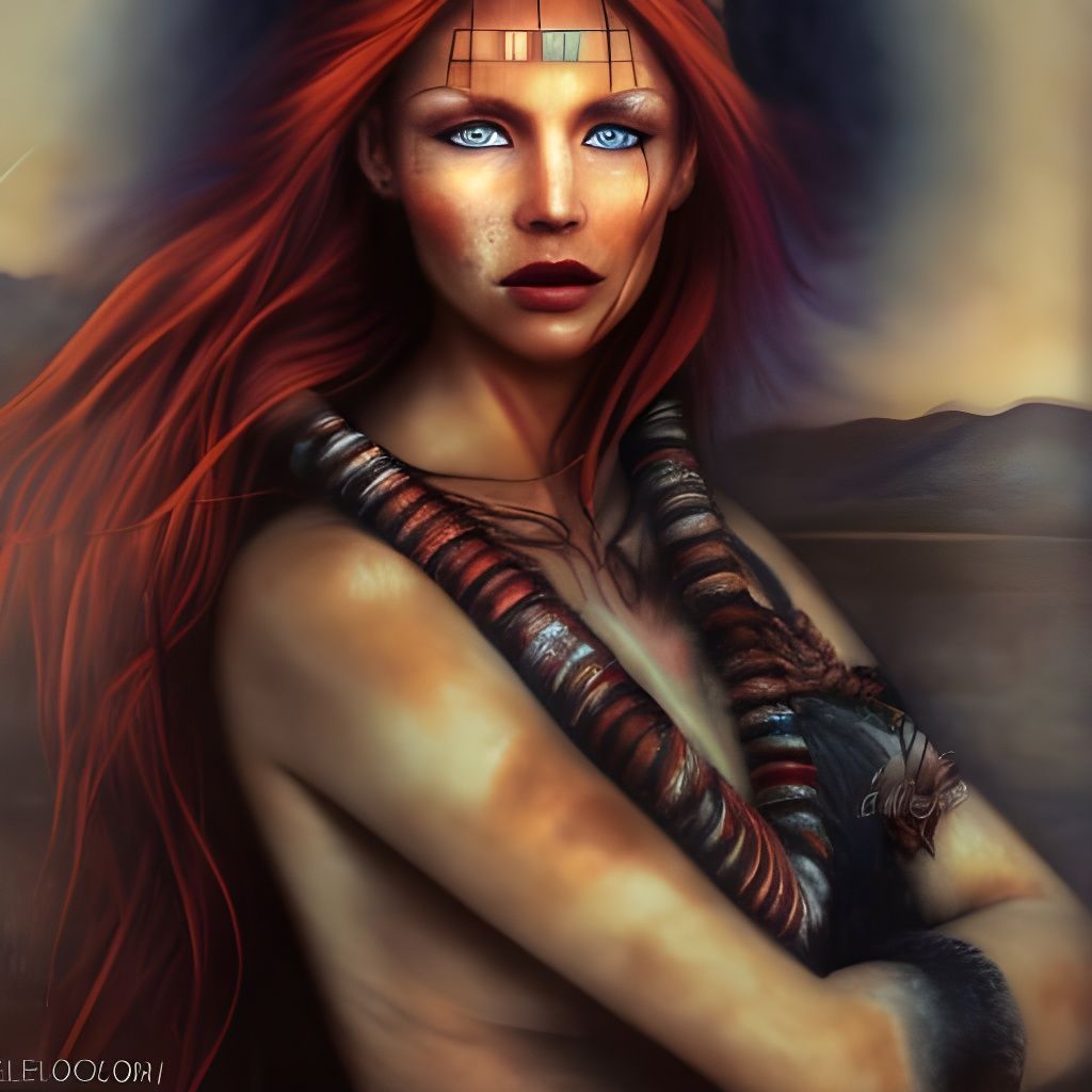 red-haired tribal woman, bright blue eyes, black leather, re...