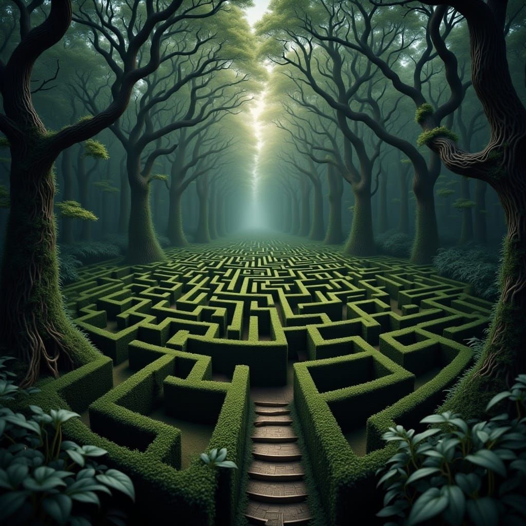 <lora:Flux Maze:1.0> maze in middle of forest