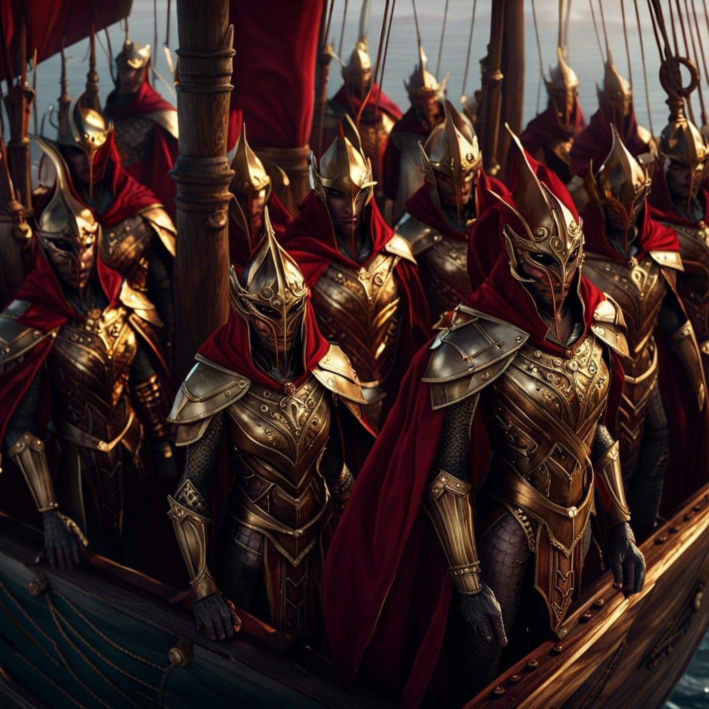 a army of evil elven warriors wearing golden armor and helme...