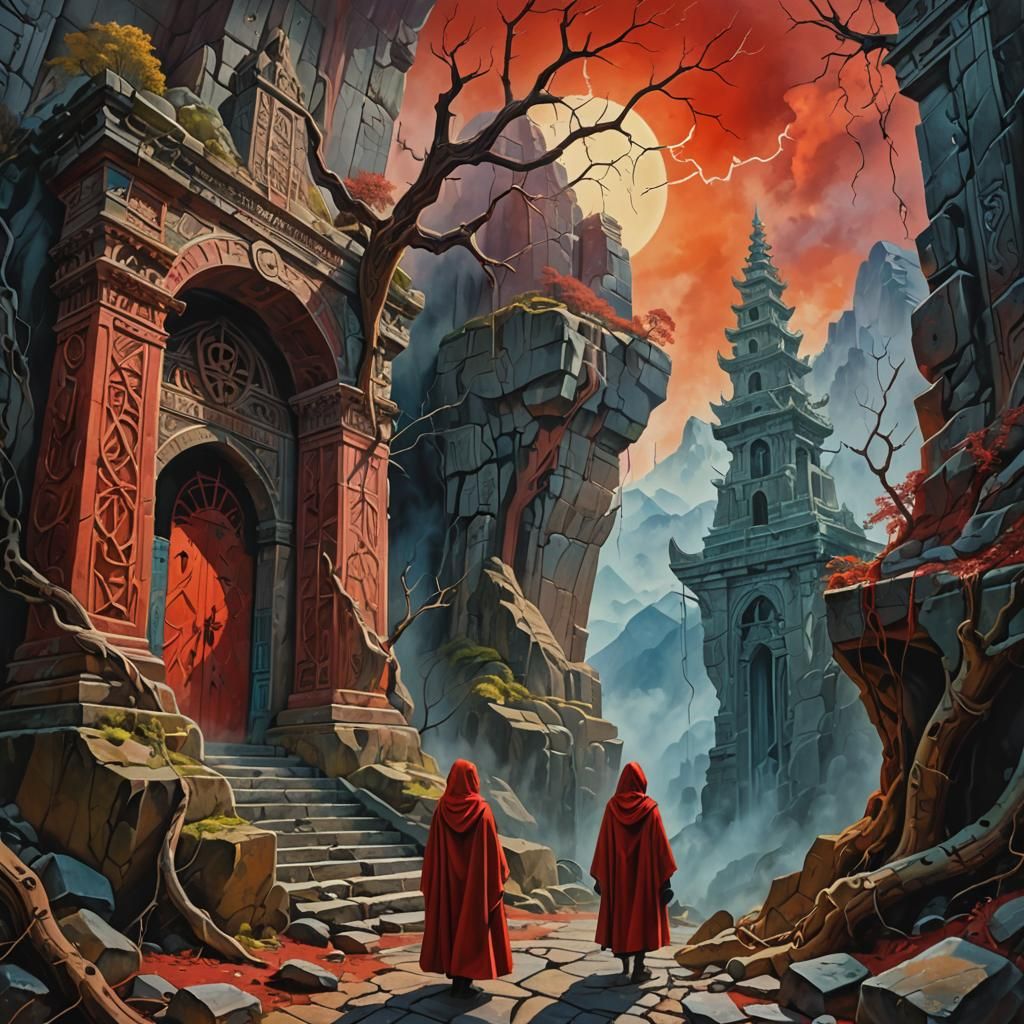 Surrealist Landscape with Spider, Ibex and Temple