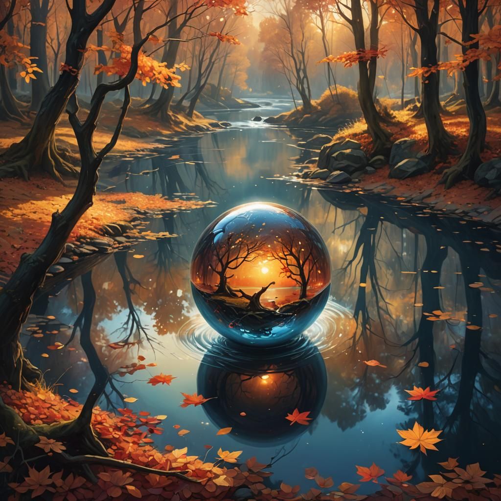 A mystical orb suspended in mid-air, encapsulating an entire autumn landscape within its transparent ...  by @Miss Dragons