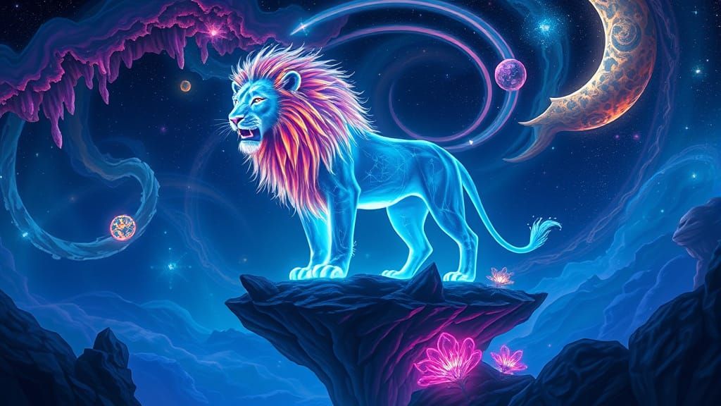 A bioluminescent lion with a mane of pure starlight, standing on a floating island amidst a swirling nebula. The lion's eyes reflect the col...