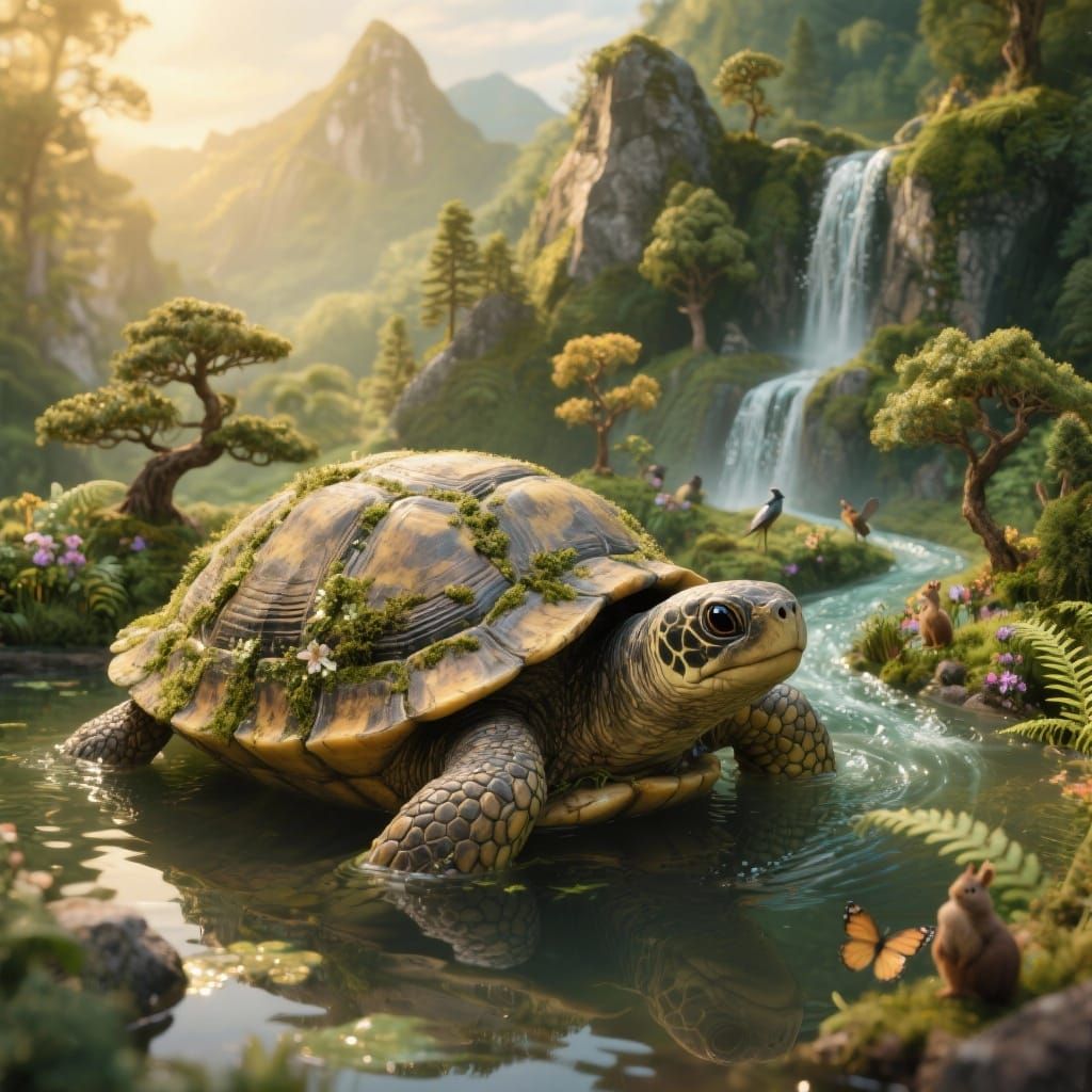 A serene turtle with a weathered, organic shell covered in moss and lichen, featuring an intricately detailed, miniature landscape of lush g...