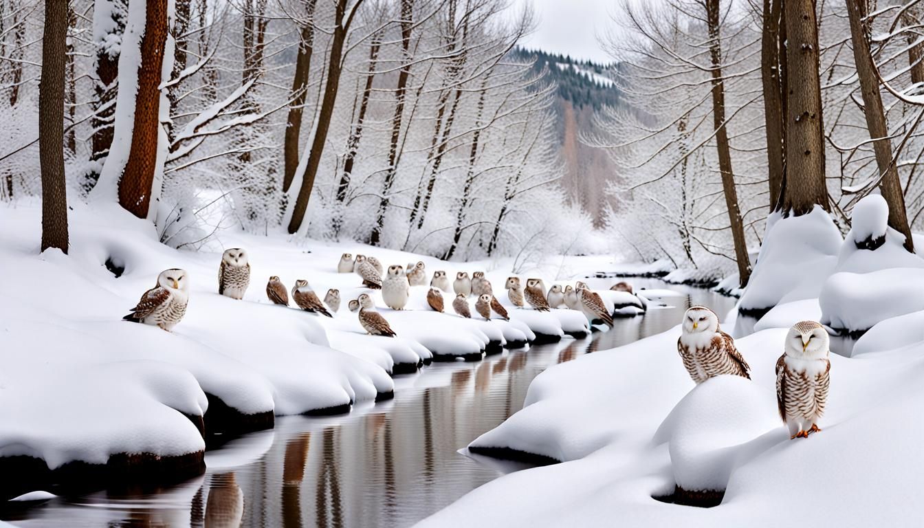 Many snow owls along a snow covered stream in a forest