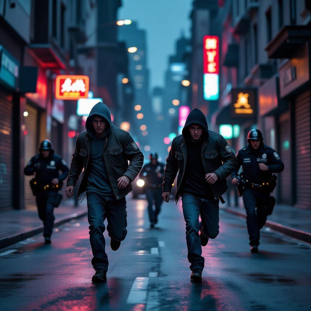 Street Boys Fleeing Police in Neon-Lit City