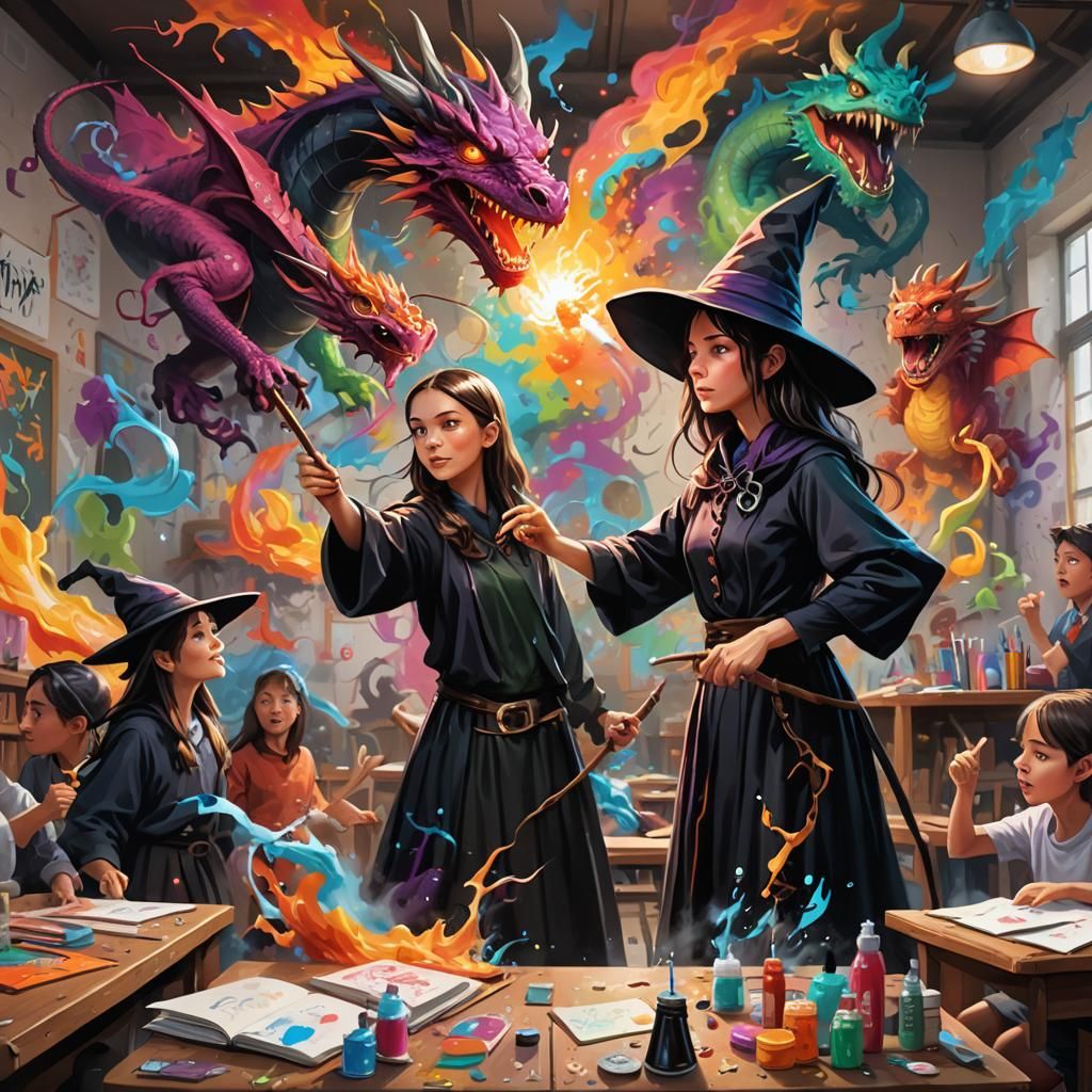 a young witch conjuring up a dragon with a wand in a classro...