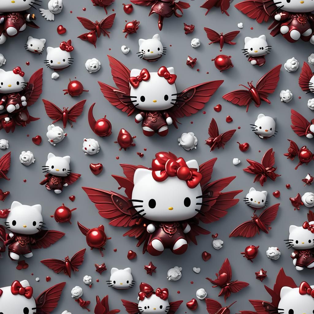 hello kitty with fangs, red aura, wings, and 8 inch claws