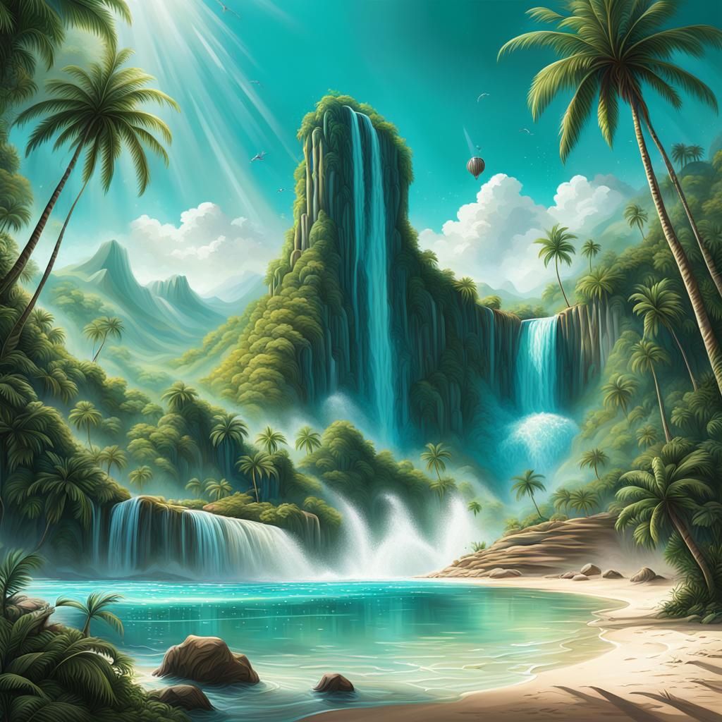 the background in colored fractals, next layer: green mounta...