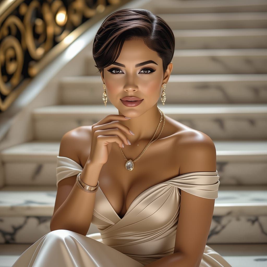 Stunning Latina Woman on Marble Staircase