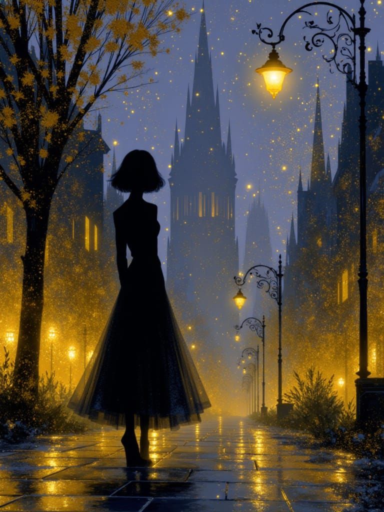 Oil painting of the back of a woman waiting at the street corner of a victorian style street, palace, autumn night rain, intricate details, ...