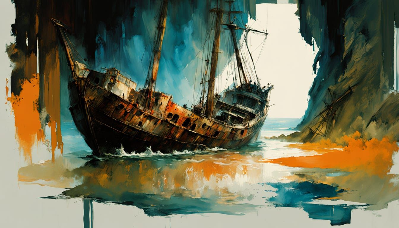 A shipwreck inside an oasis cave,
rustic choppy vertical lines, embossed art, embossed textured paint, heavy paint smears  heavy paint splat...