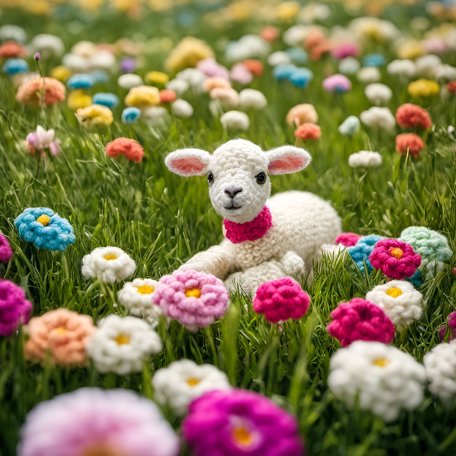 Portrait: Crocheted Lamb in Crocheted Garden  by @Crafter5280