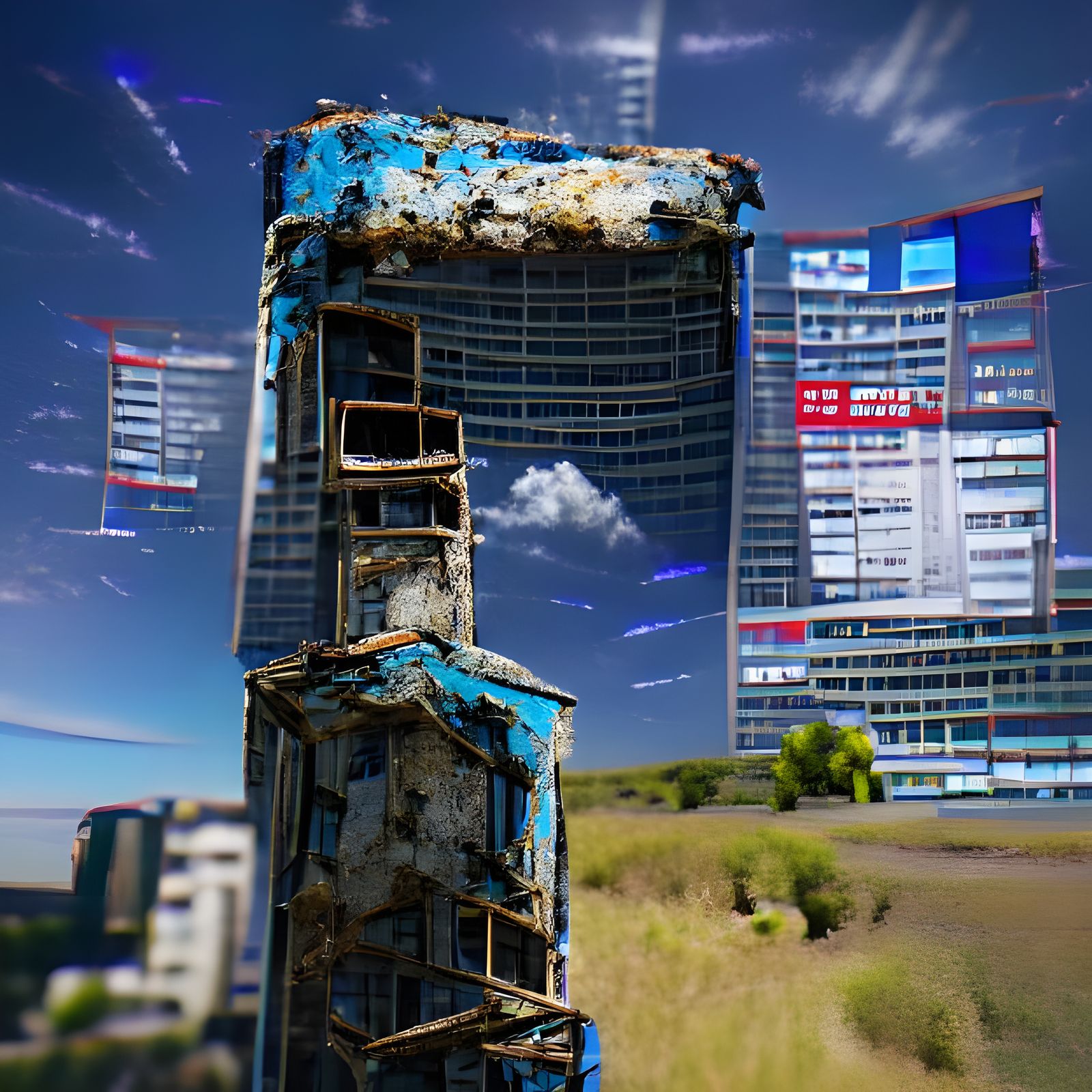 Derelict skyscraper with blue sky