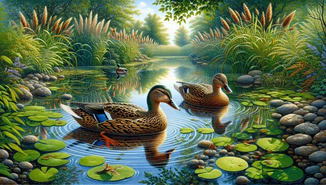 Peaceful lake with wild ducks