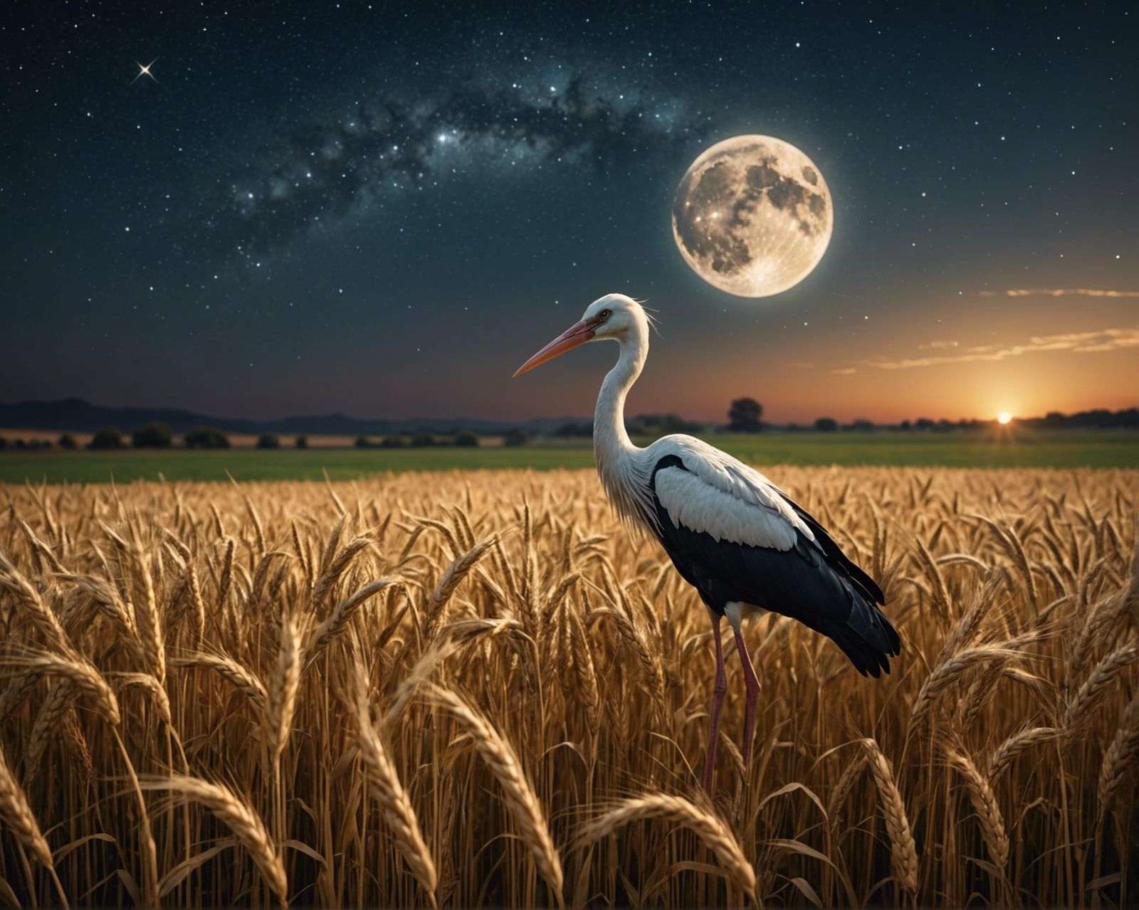 Stork in a field of wheat with a starry sky above, 8k resolution, detailed matte painting, dynamic lighting, ...  by @Magda