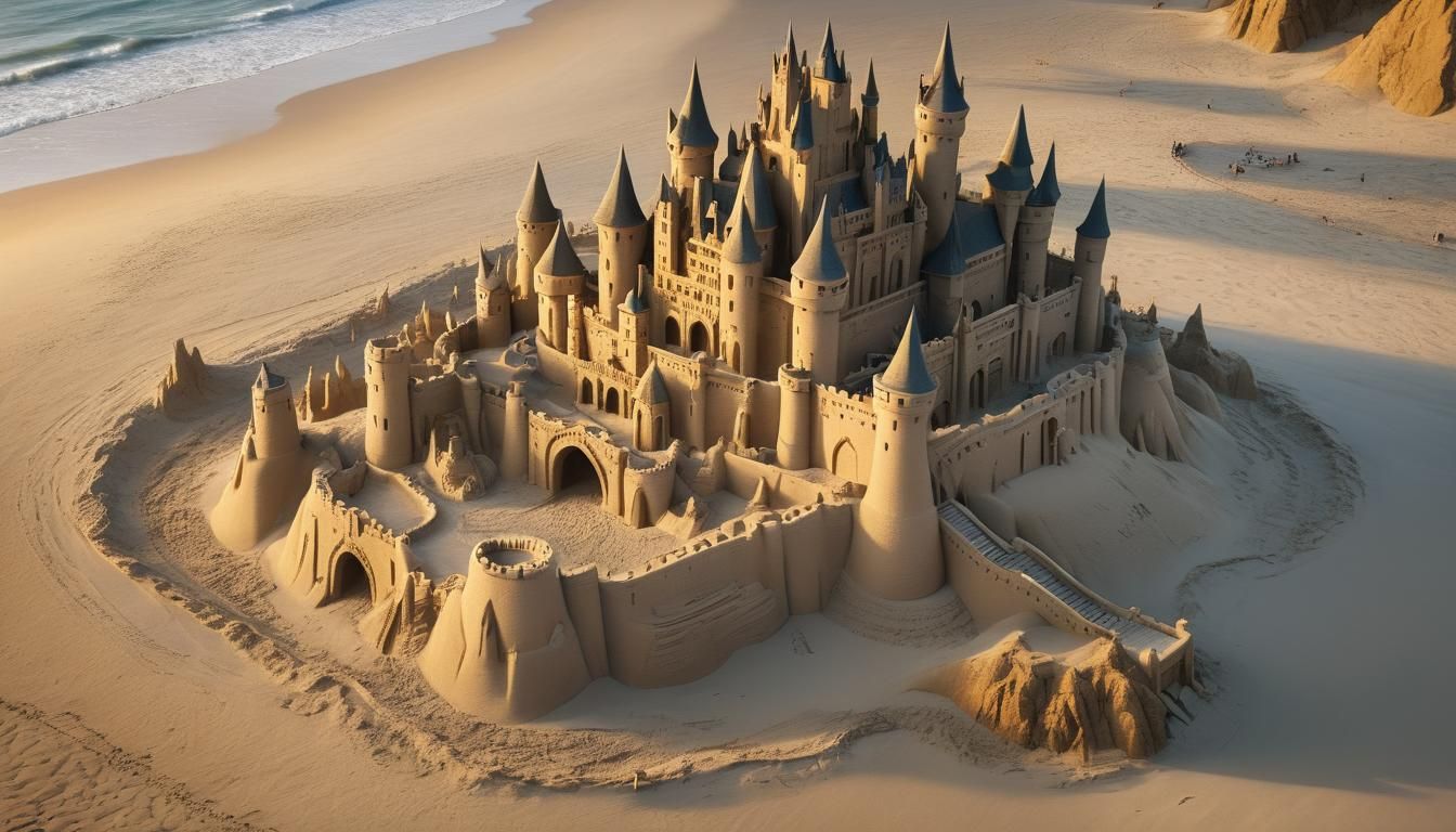 Drone view of towering sandcastle fit for a beachside kingdom where Playful scenes of families crafting unique sand sculptures.. Hyper OLED...