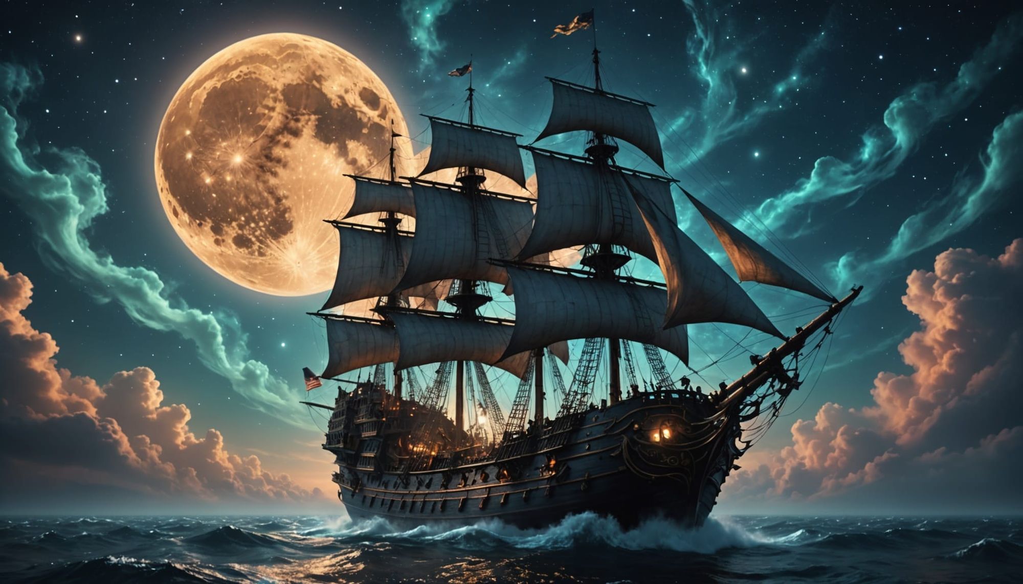A ghostly galleon ship sails through a sky filled with a giant, luminous full moon and swirling nebulae. Dramatic contrast between the ship ...