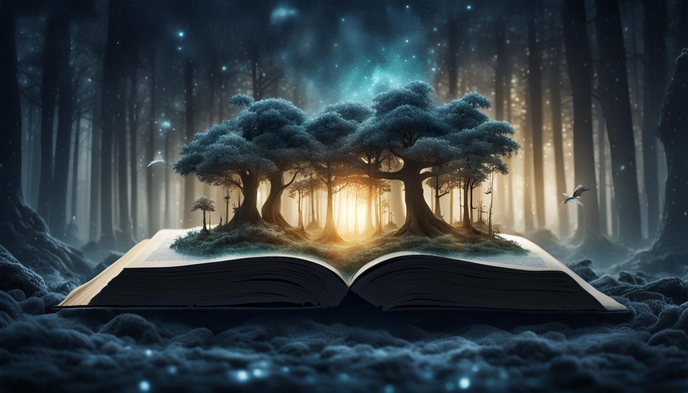 An ultra realistic double exposure fantasy 3D rendering of a miniature  fantasy dark forest emerging ...  by @Darkwolf