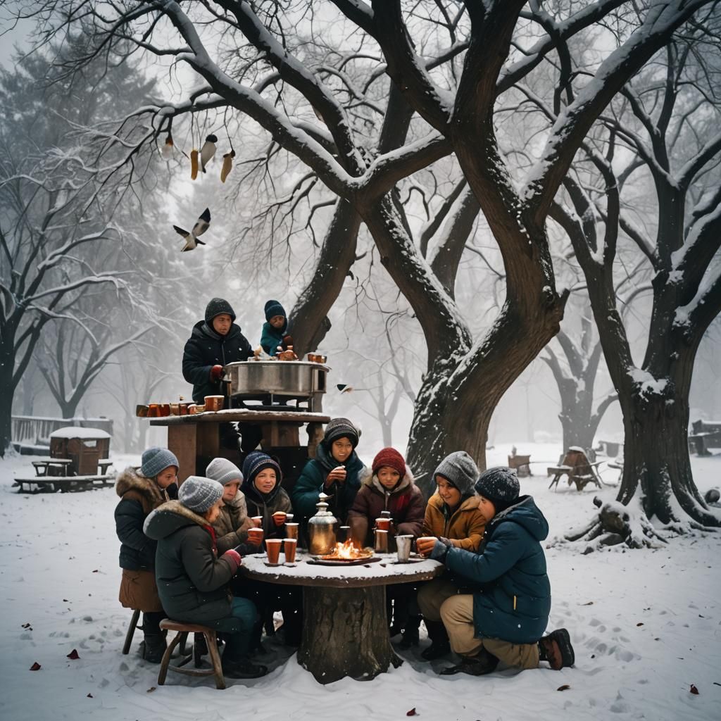 Kids group drinking Kehwa in Samovar in a heavy snowfall und...