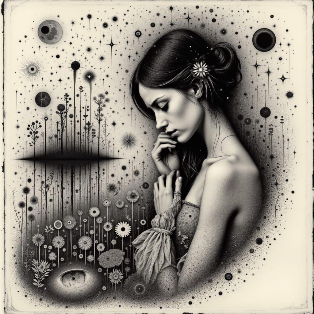 <lora:White And  Shadow:1.0> black and white, mystical and poetic dreamlike Paul Klee, surreal and celestial, etching & delicate aquatint te...