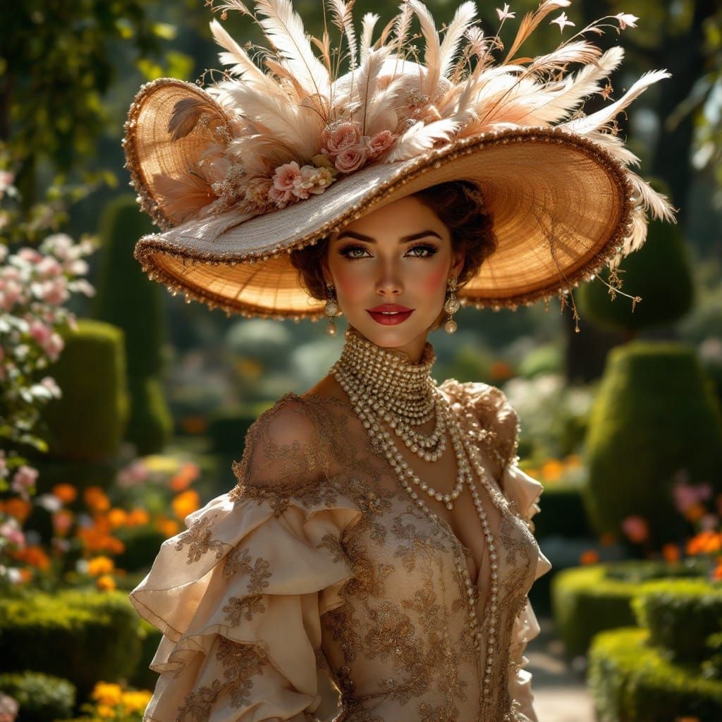 A stunning and elegant smiling lady in a vintage-inspired outfit, wearing an extravagant hat adorned ...  by @Murray
