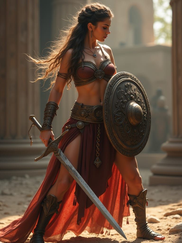 a full body picture of a strong female Ancient Gladiator, a fantasy version of a gladiatress like those ...  by @Haywire97721