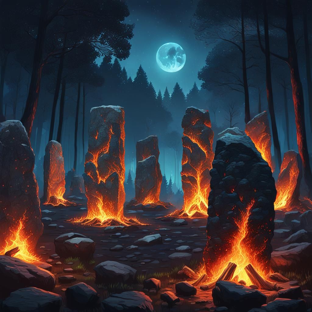 standing stones, forest clearing at night, fire in the cente...