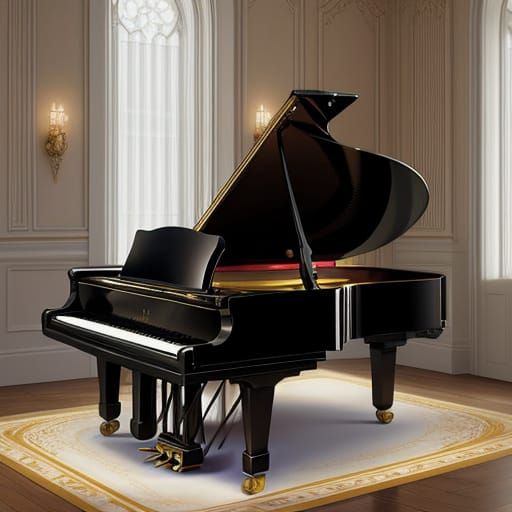 Child Playing Piano with Rippling Reflections in Art Nouveau...