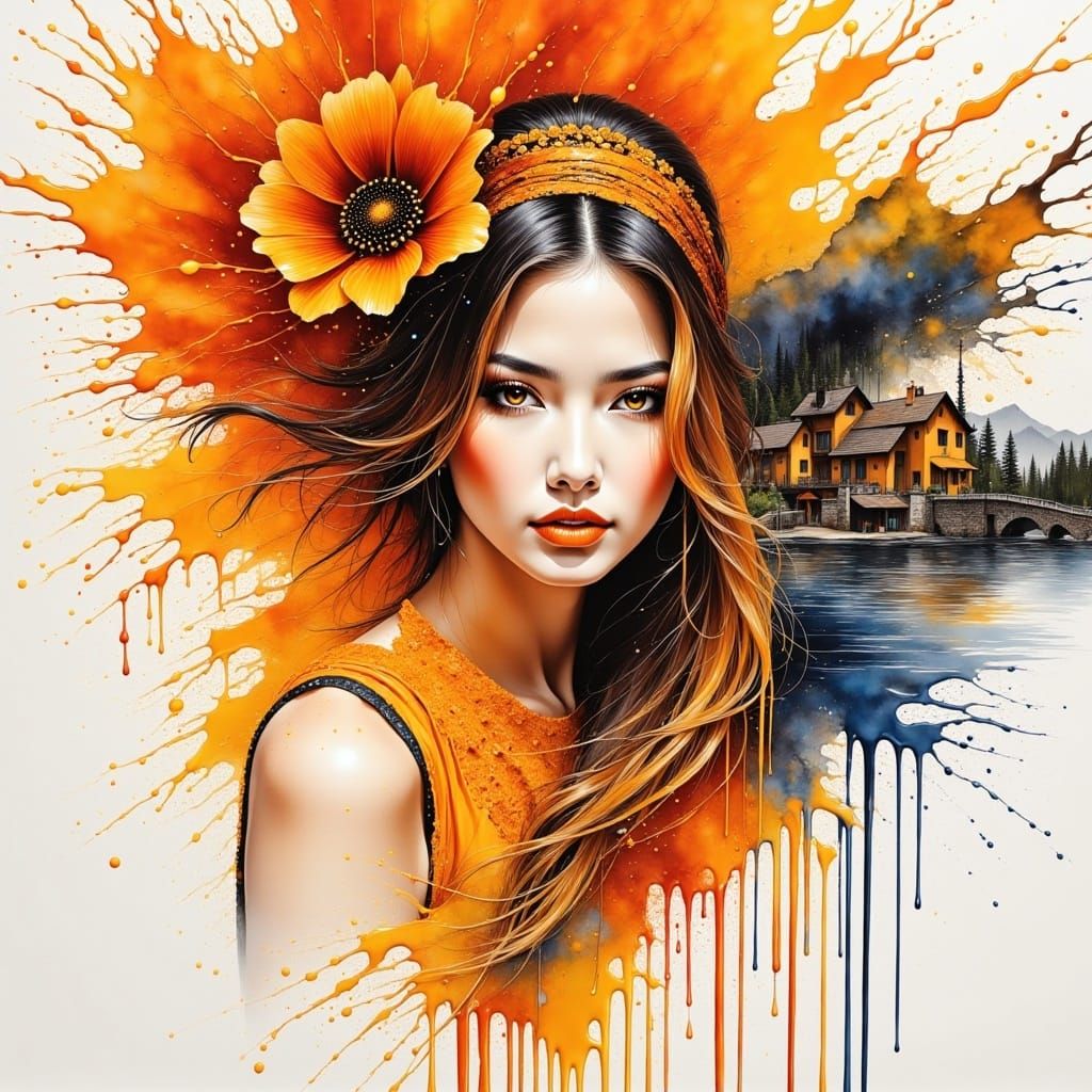 <lora:InkSplashFlux:1.0>  a stunning hair, orange clothes, boho styles, lace, village, river, Flowers, A Breathtaking Masterpiece Fantasycor...