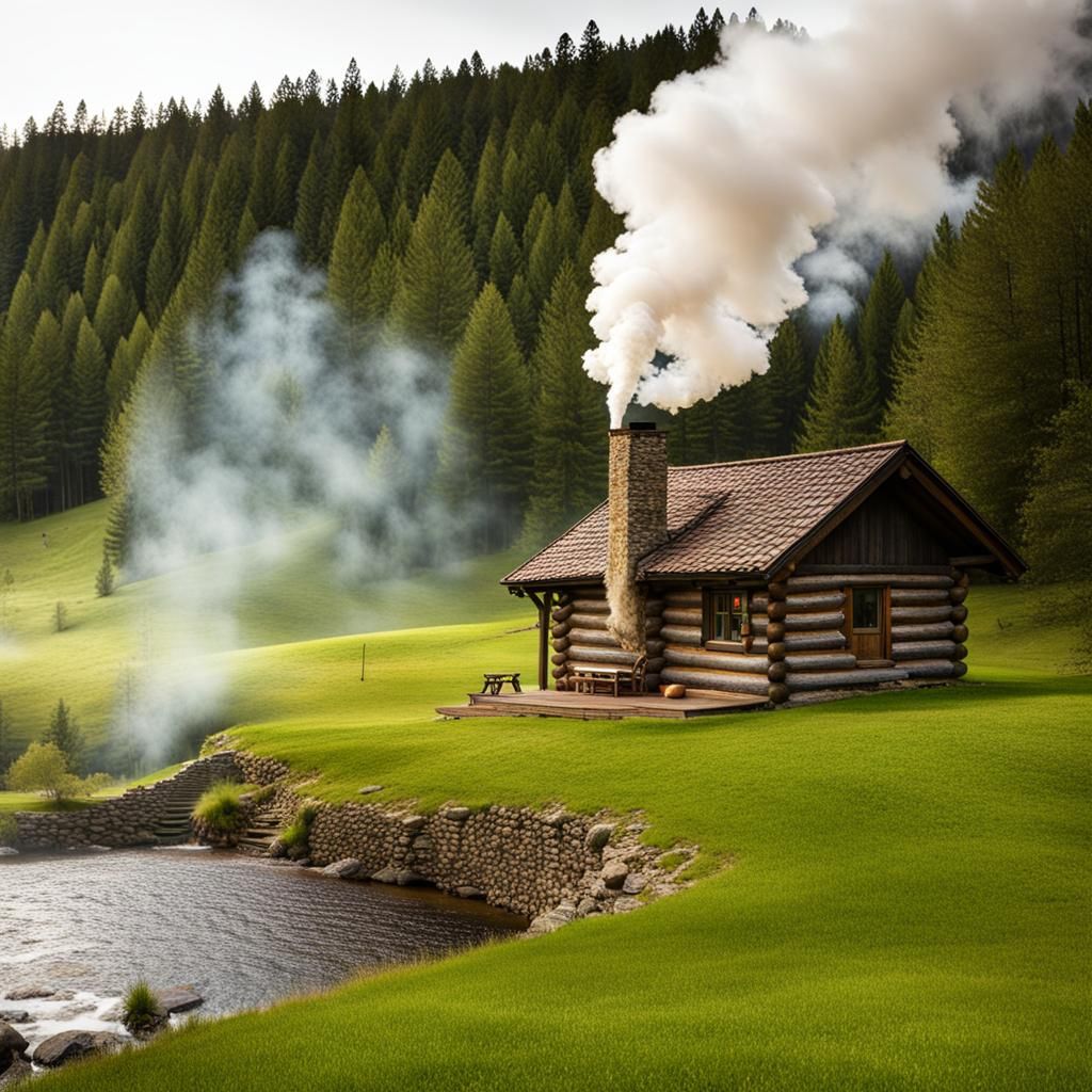Wood cabin smoke coming out of chimney next to a stream on a...