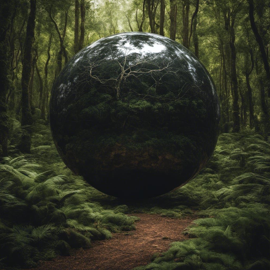 Expansive thick forest, a building sized black orb that is smooth and shiny sits center frame in a forest reflecting the surrounding trees,...