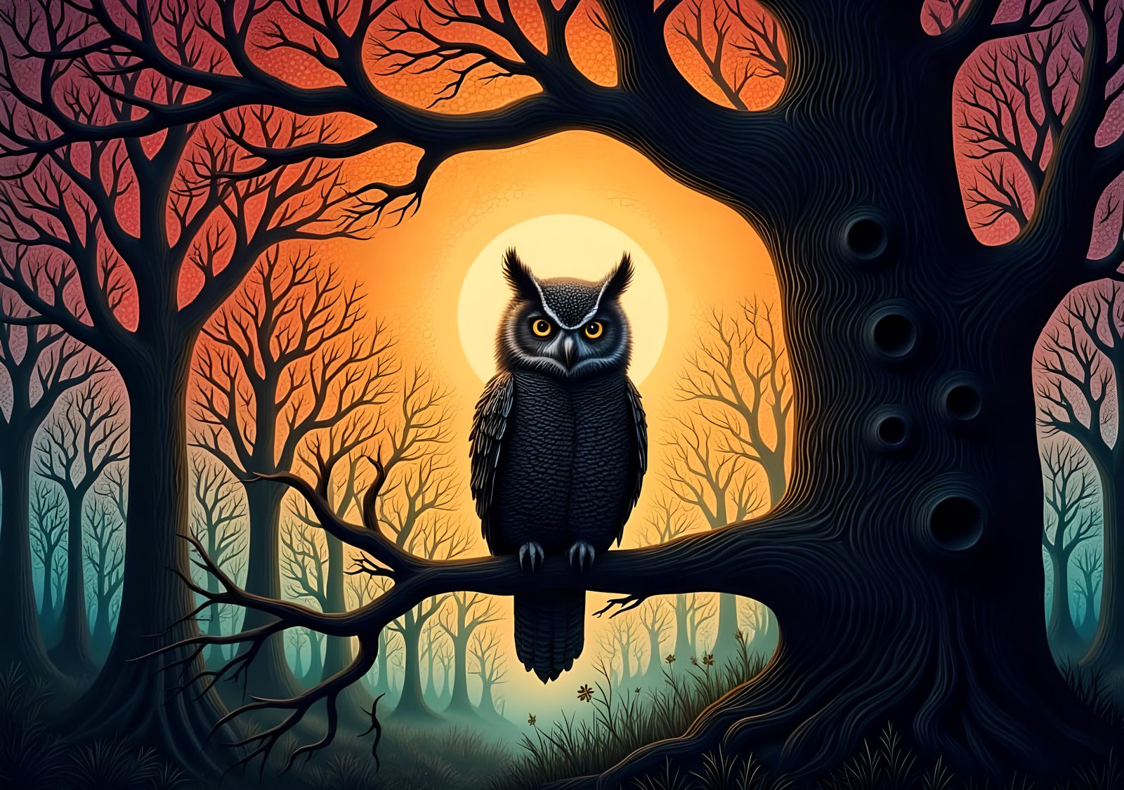 owl in a tree silhouette, crisp colorful detail, hyperdetailed texture, <lora:MiracleWork:1.0> 