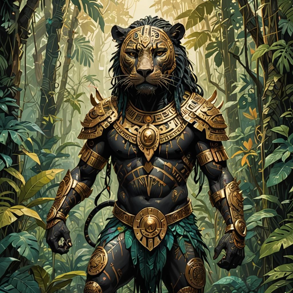 Aztec warrior panther, standing in the jungle, golden outlines, highly detailed, intricate motifs, organic tracery, perfect composition, dig...