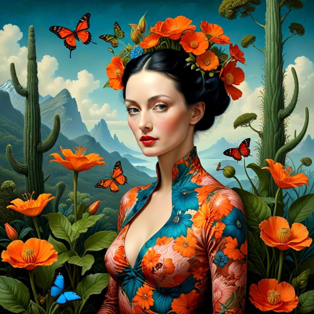 Surreal Woman with Fantastic Creatures, Photorealistic Style