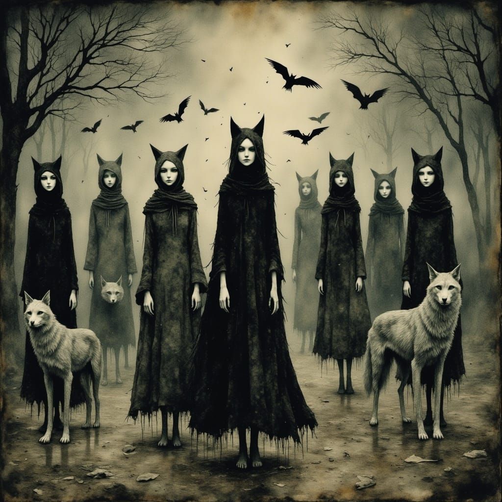 Surreal scene of a witch dancing in the forest, surrounded b...