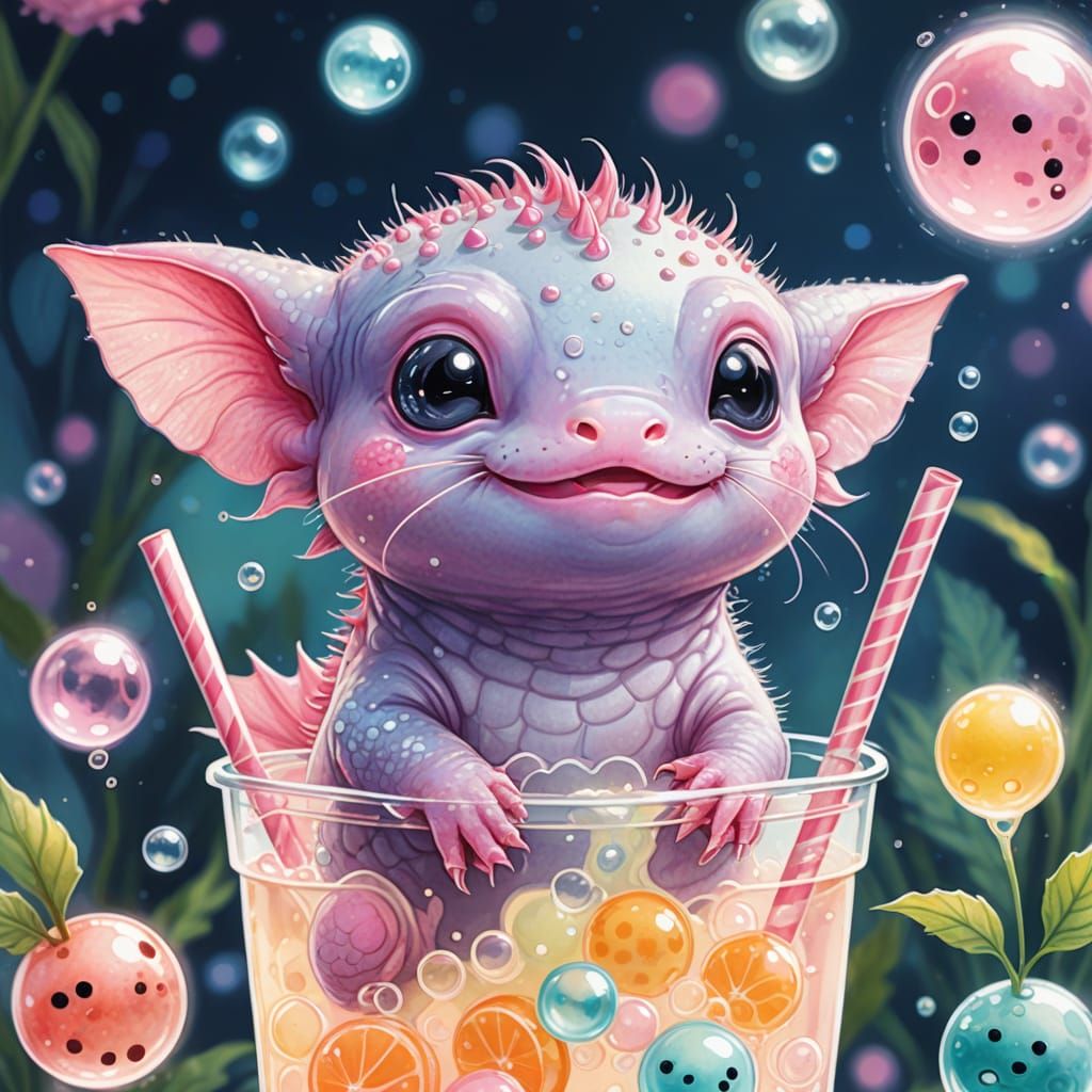 Whimsical Cartoon Axolotl in Dreamy Pastel Watercolor Style