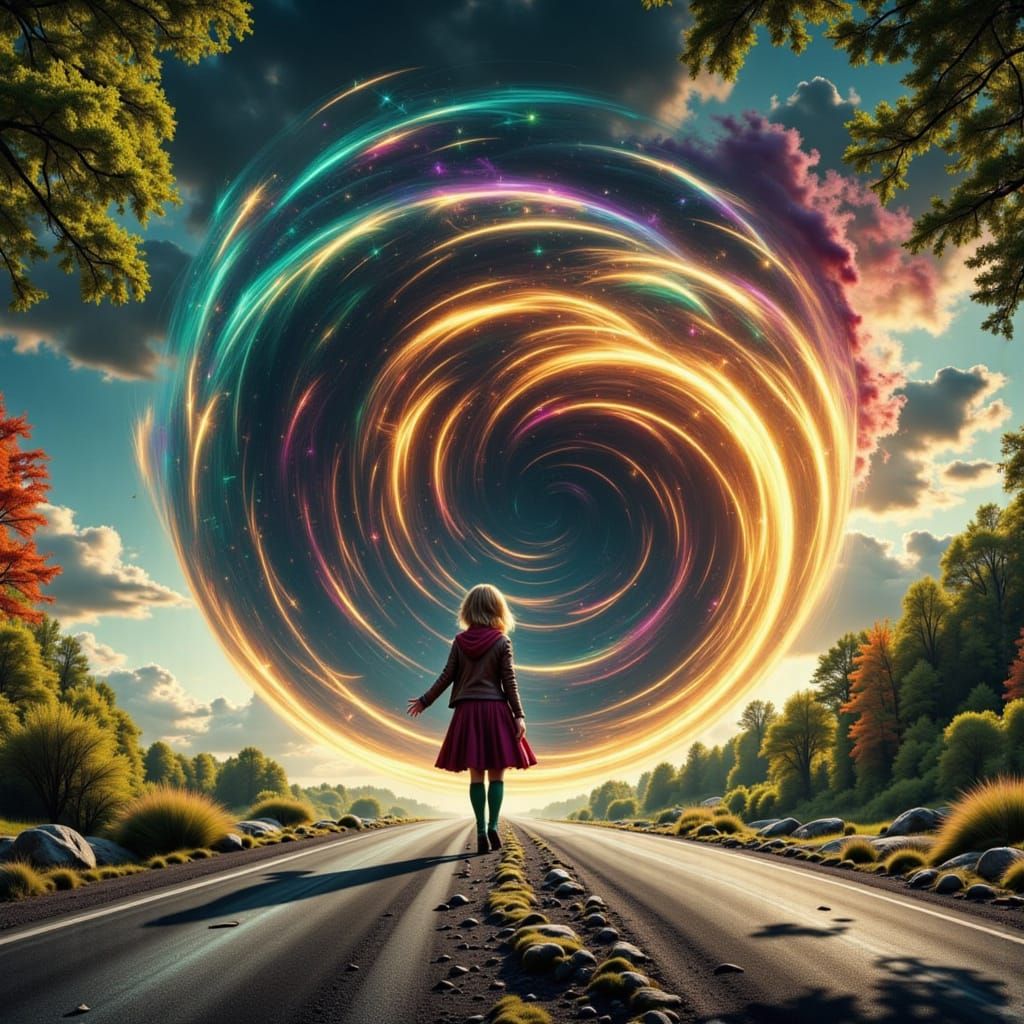 Girl at Luminous Portal to Unexplored World