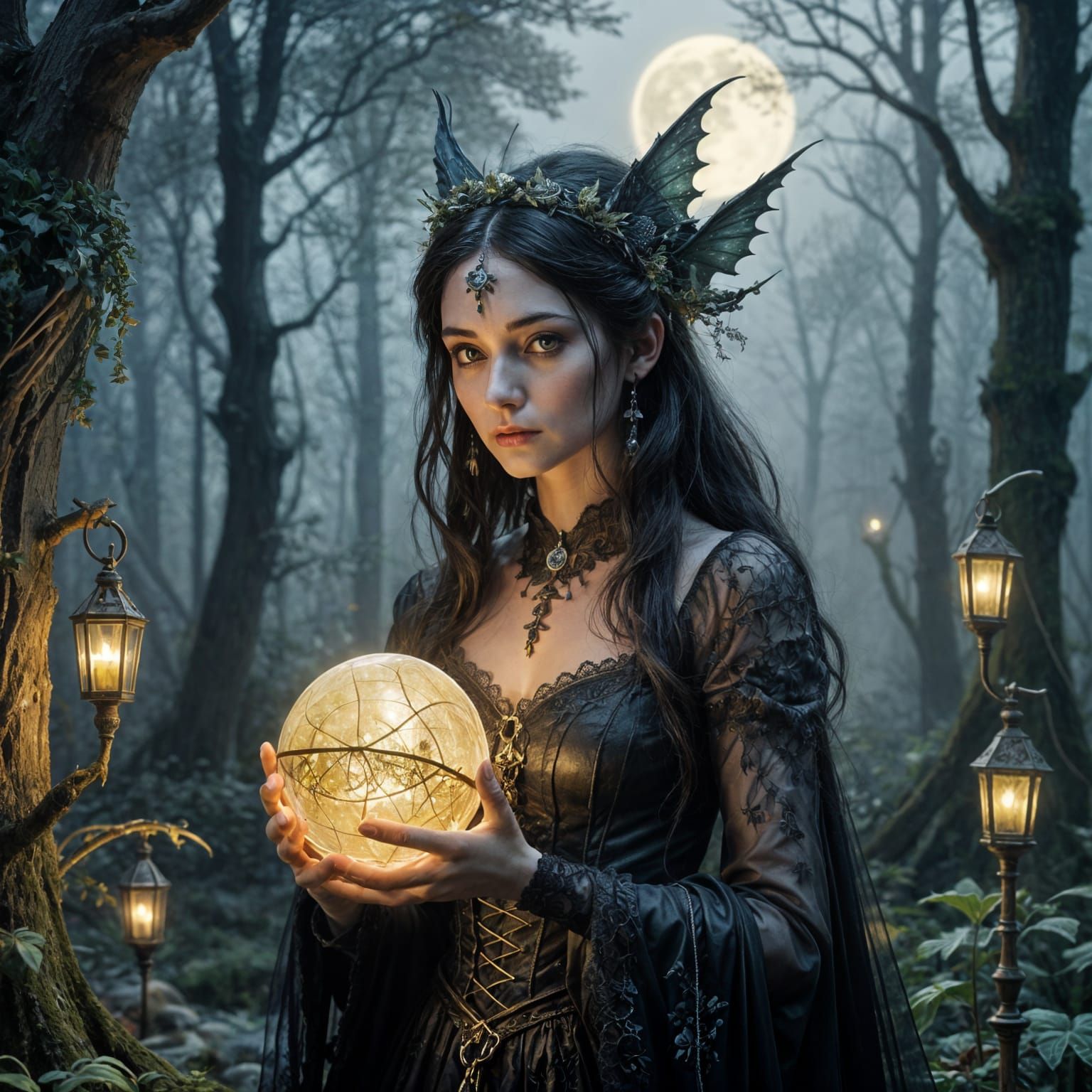 Gothic Fairy Holds Glowing Glass Orb in Mystical Forest Tent