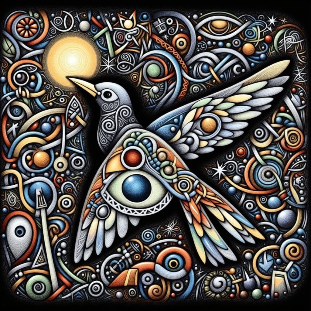 <lora:Knot Work Sketches:1.0> A stylized portrait of a raven, rendered in the geometric, mosaic-like style of Paul Klee. The bird is depicte...