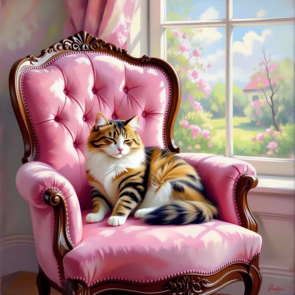 Oil painting of a cat curled up on an antique pink velvet high back chair in a Victorian pallor setting next to a window showing a beautiful...