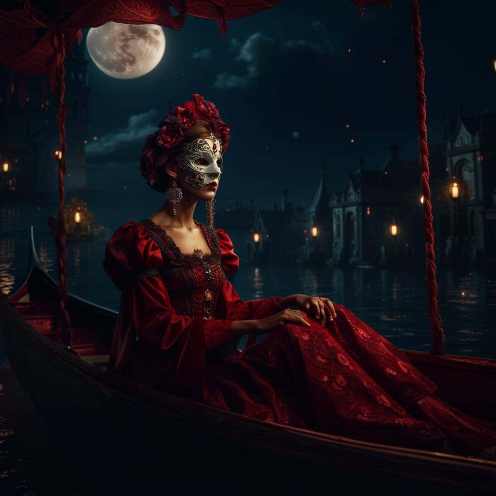 Renaissance woman with dark red lace mask sitting in gondola...