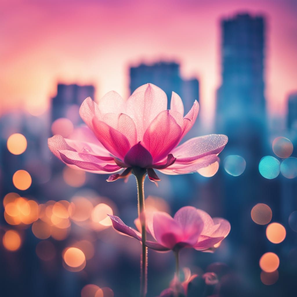 Dreamy Cityscape and Flower Double Exposure