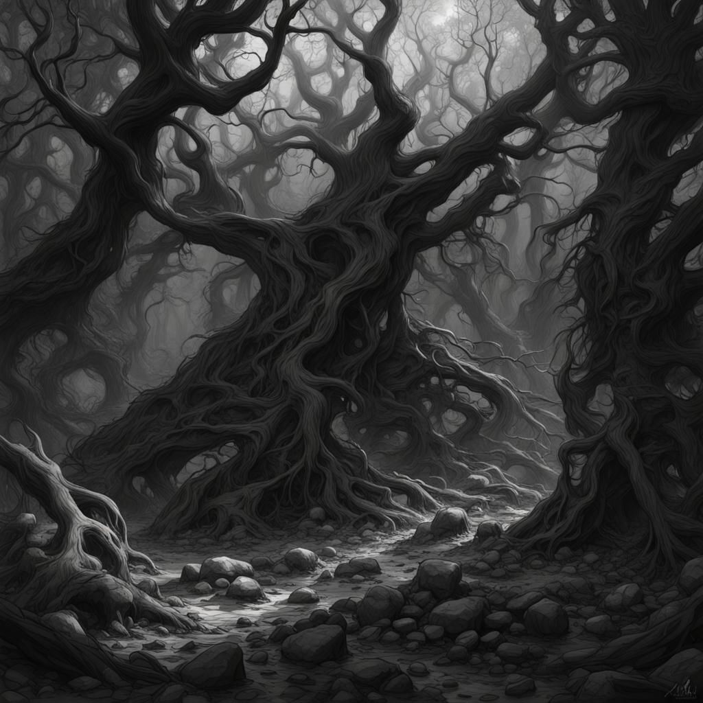 Dark, macabre, forest, roots, twisted branches, fallen leaves, bushes ...