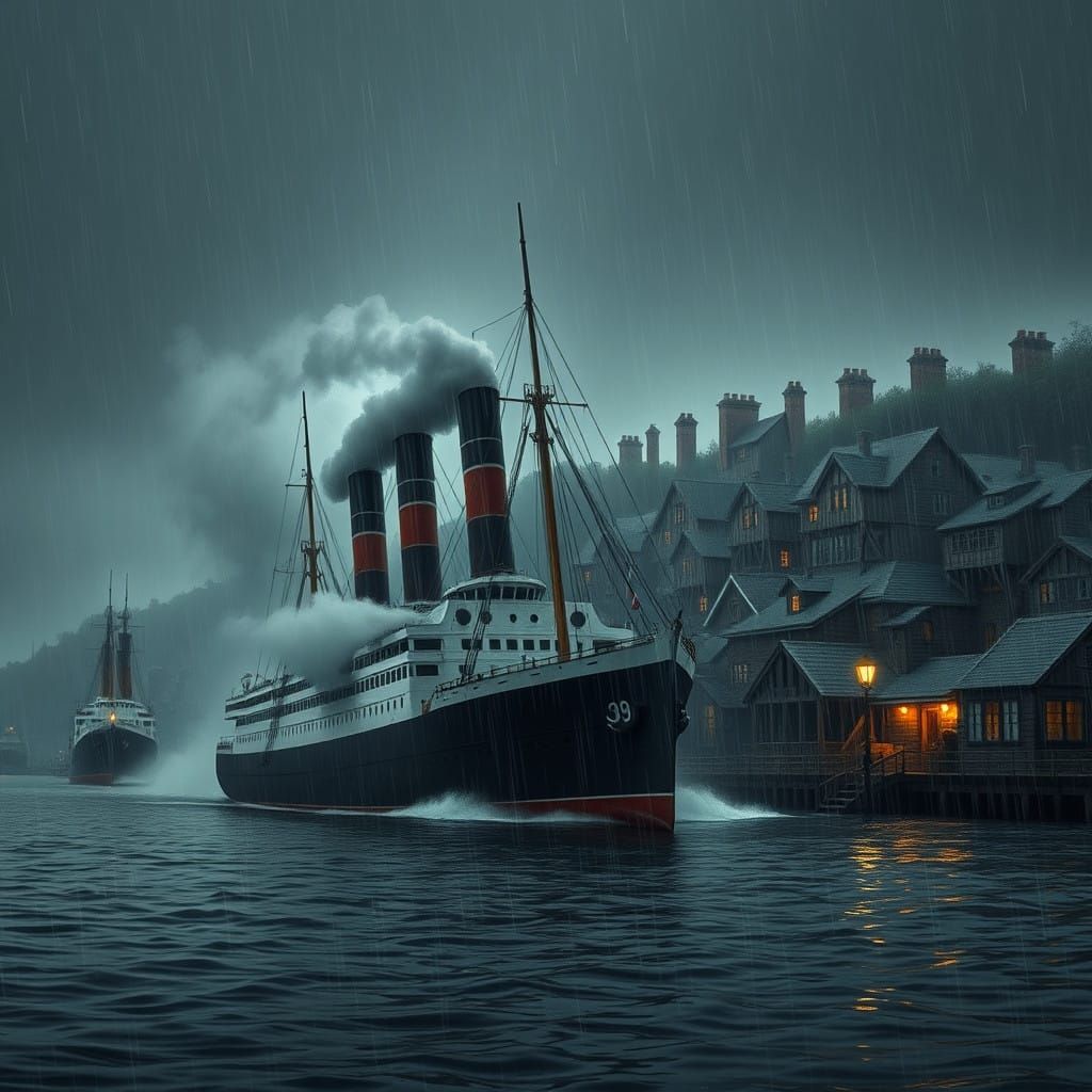 Victorian-Era Steamship Dominates Moody Harbor Scene in Noir...