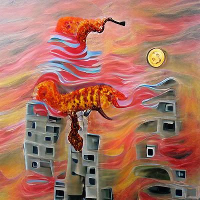 a fiery seahorse laying waste to a city Surrealism Expressio...
