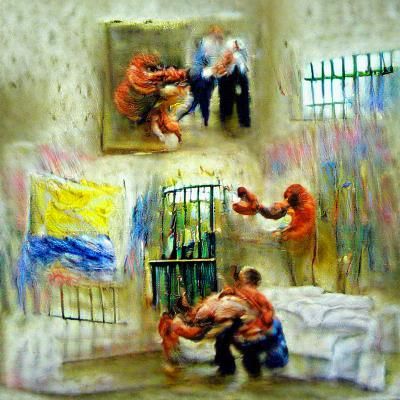 Fist fight in a jail cell impasto impressionism