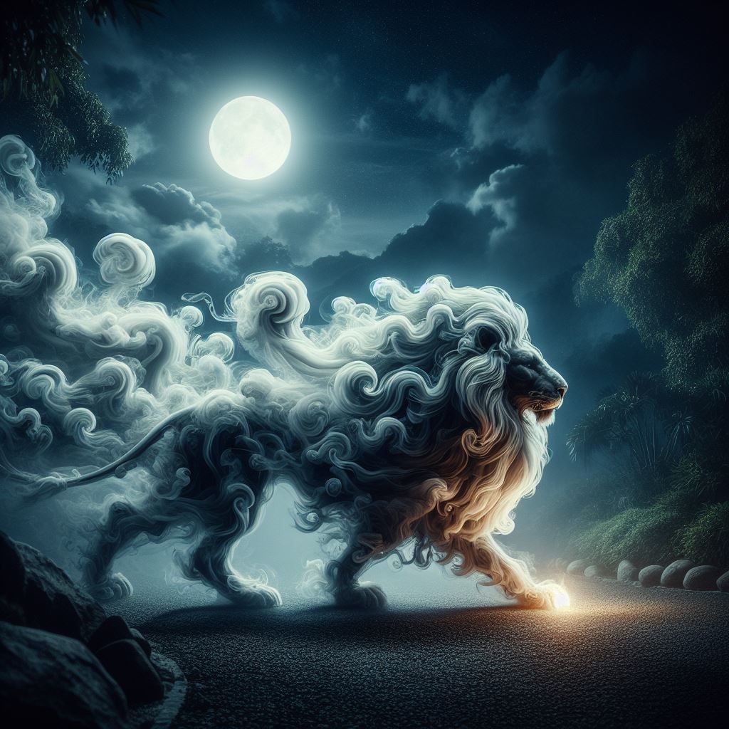 burning lion fading in smoke