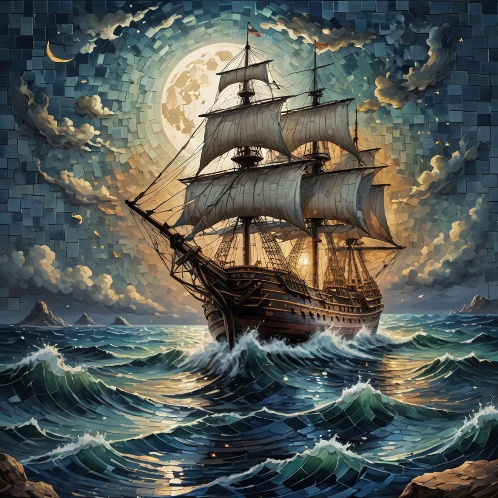 Tile art: a ship on the water, moonlight create with tiles